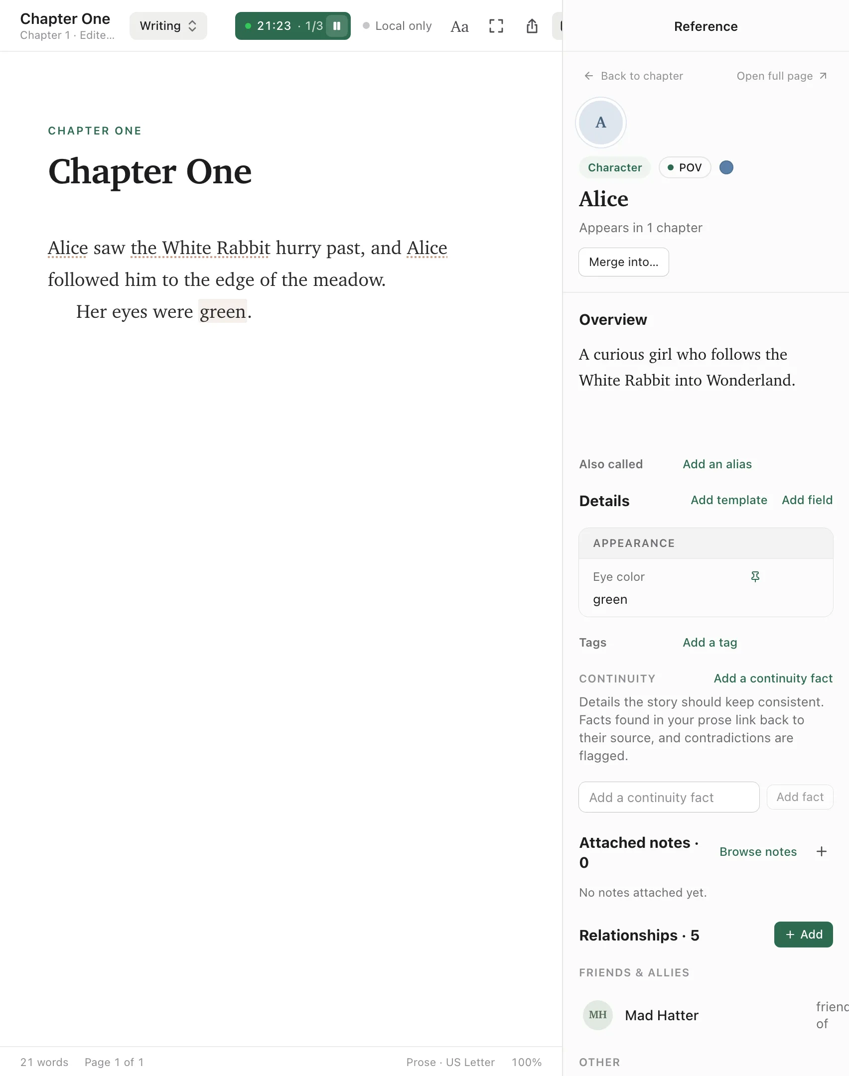 Alice’s record open beside Chapter One, with Eye color set to green and the linked word green in the prose.
