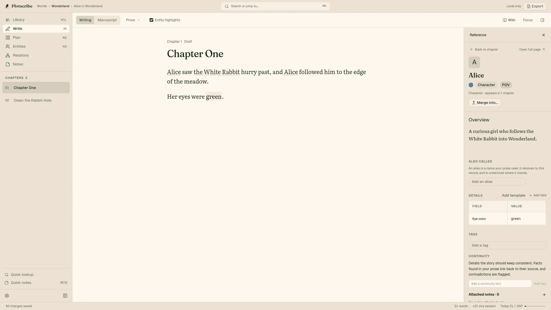 Alice’s record open beside Chapter One, with Eye color set to green and the linked word green in the prose.