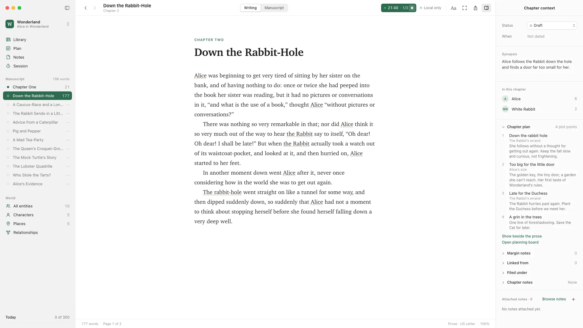 The Down the Rabbit-Hole draft beside its Chapter plan: four plot points with their threads and notes.